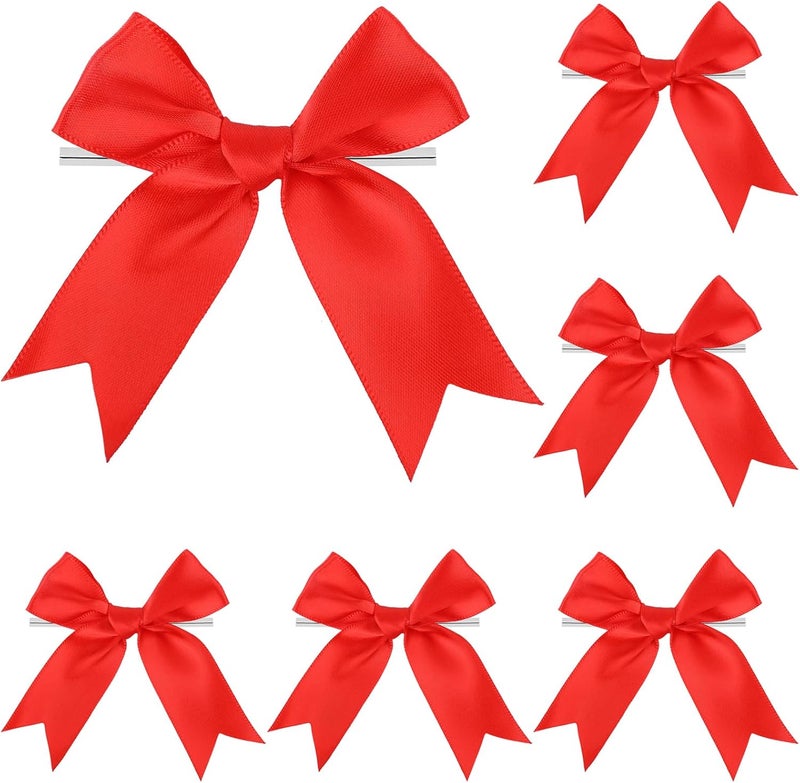 comosso Twist Tie Bows, Satin Ribbon Bows - 3 Inches, 50-Pack for Treat Bags Gift Wrapping Basket Crafts Wedding Baby Shower Brithday Christmas Party Decorations (Red) - Image 1